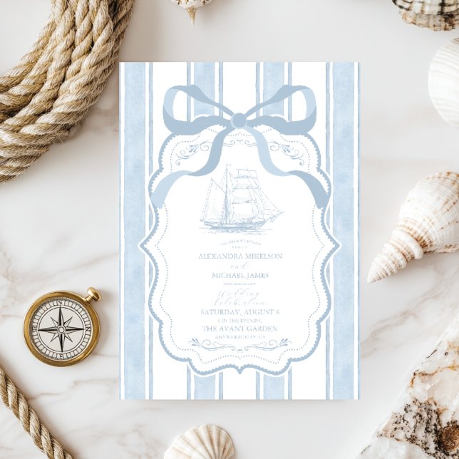 Invitation Mariage nautique Marine White Stripes Bateau (Créateur téléchargé)