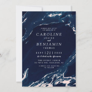 Invitation Mariage nautique moderne en marbre bleu et marine