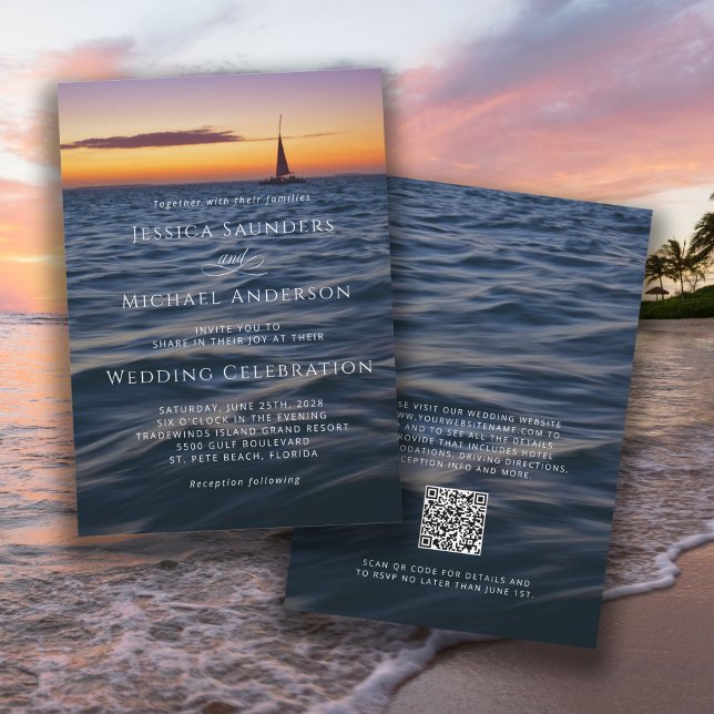 Invitation Mariage nautique moderne Sunset Sail avec code QR (Invitations available in both printed and instant download digital formats.)