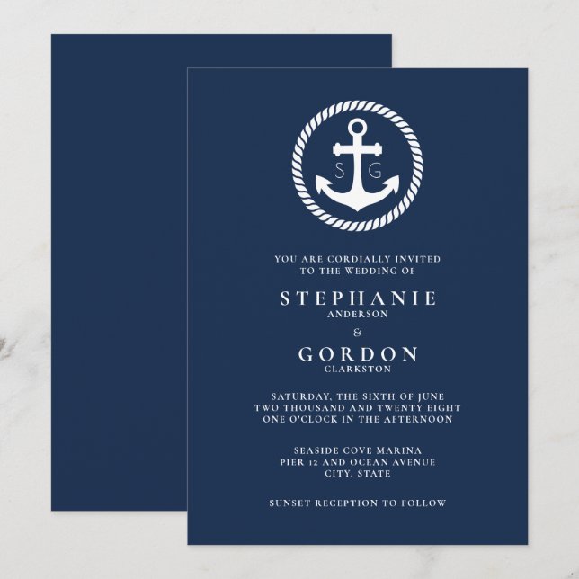 Invitation Mariage nautique Monogram Marine (Devant / Derrière)
