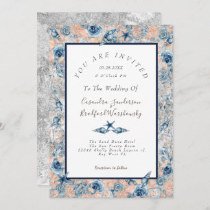 Invitation Mariage nautique Plage Sea Shell Flowers Rose Gy
