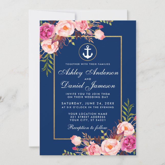 Invitation Mariage Nautique rose Floral Bleu Or (Devant)