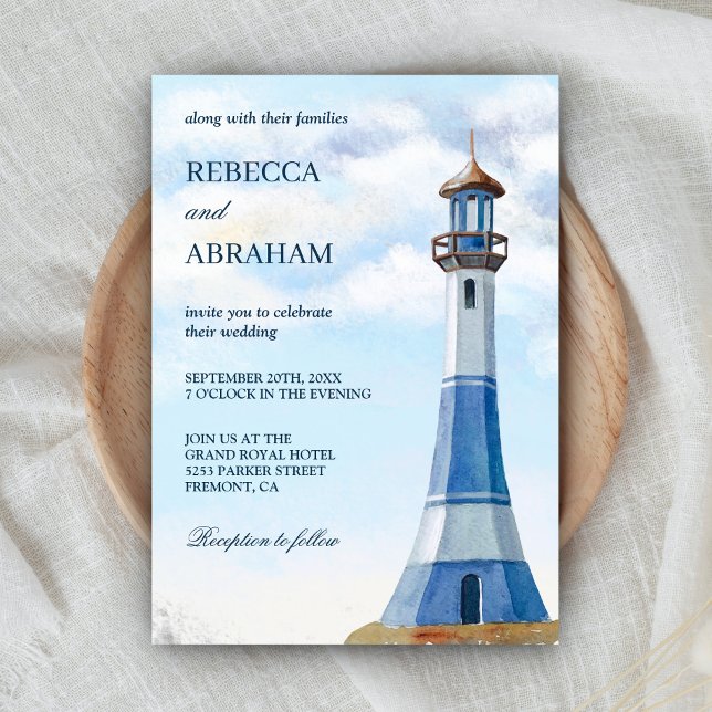 Invitation Mariage nautique Rustique bleu aquarelle phare (Créateur téléchargé)