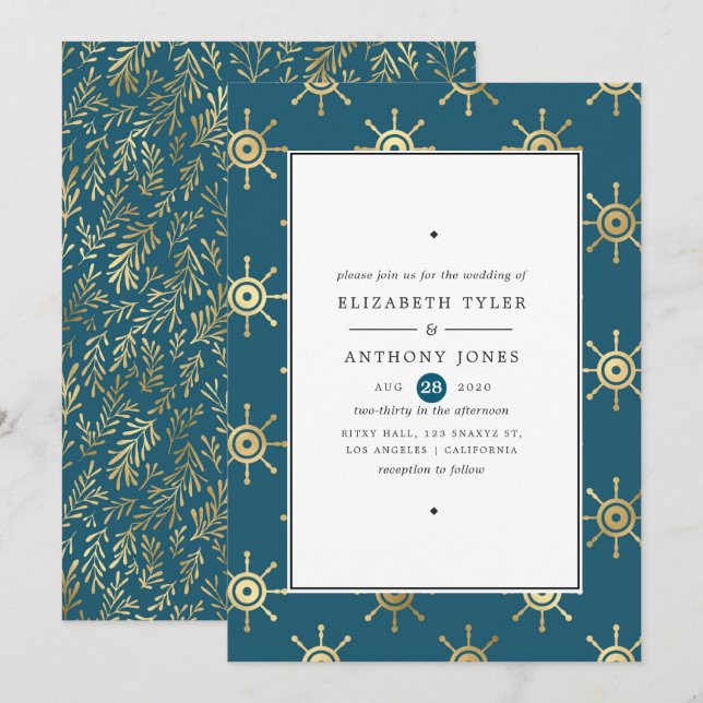 Invitation Mariage nautique turquoise et Gold (Devant / Derrière)