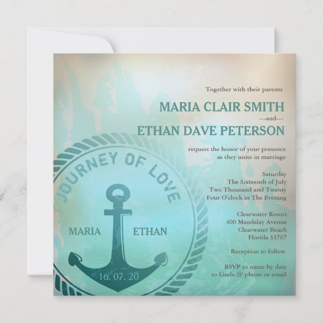 Invitation Mariage nautique Vintage style rétro Turquoise (Devant)