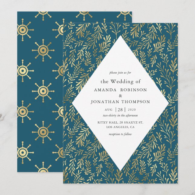 Invitation Mariage nautique Vintage turquoise et or (Devant / Derrière)