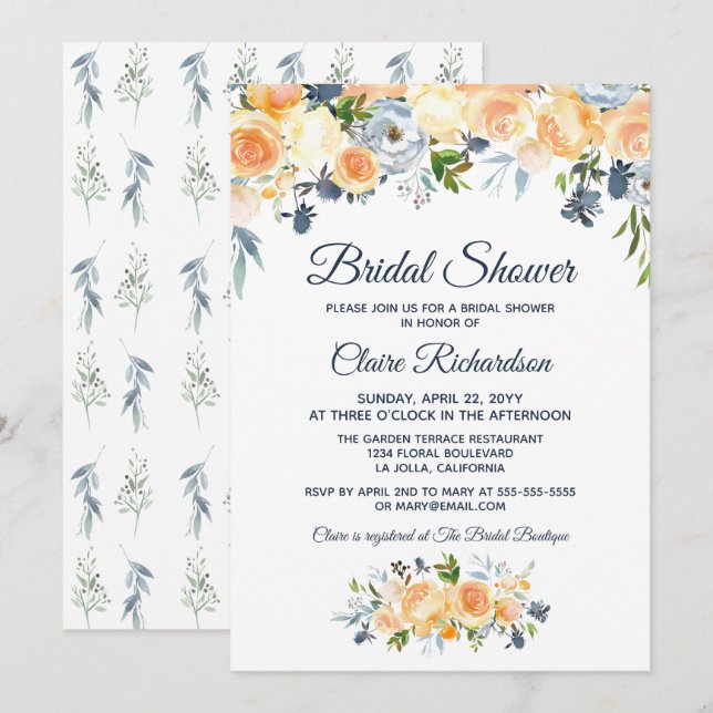 Invitation Mariage Naval Bleu Corail Aquarelle Florale (Devant / Derrière)