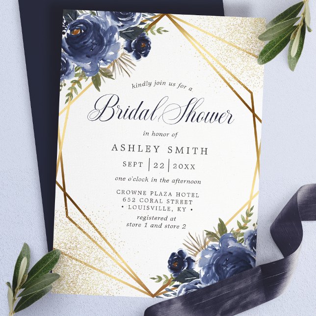 Invitation Mariage naval bleu floral géométrique or (Créateur téléchargé)