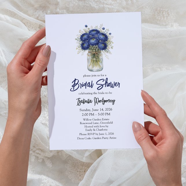 Invitation Mariage Naval Bleu Ranunculus Pot Mason Shower de  (Navy Blue Ranunculus Mason Jar Bridal Shower Invitations
)