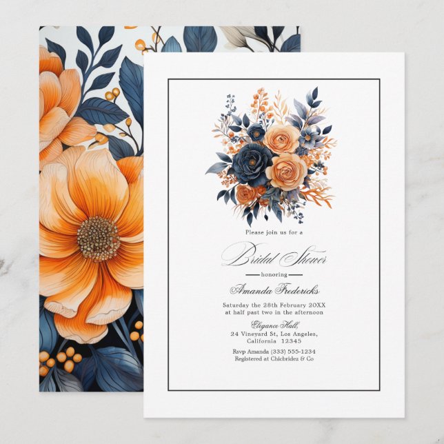 Invitation Mariage naval et floral aquarelle orange (Devant / Derrière)