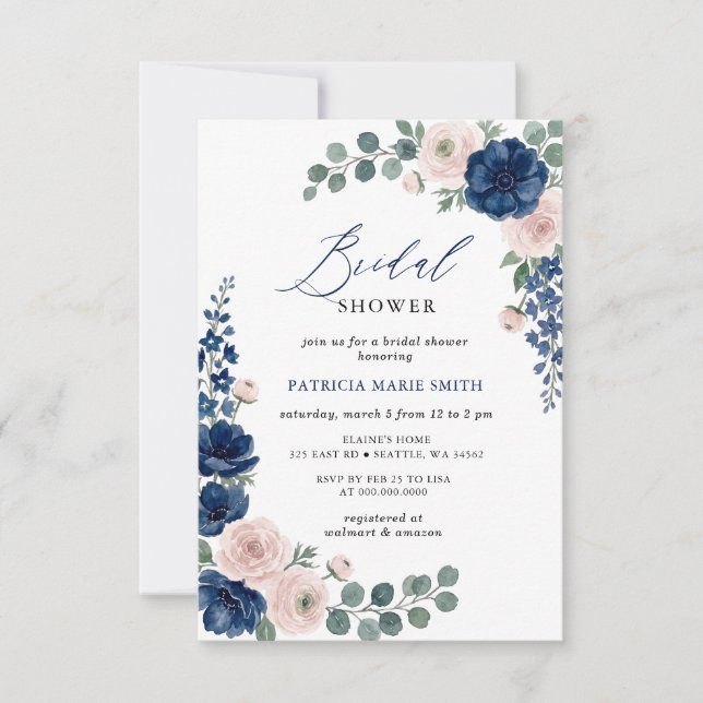 Invitation Mariage naval et moderne avec verdure rose (Devant)