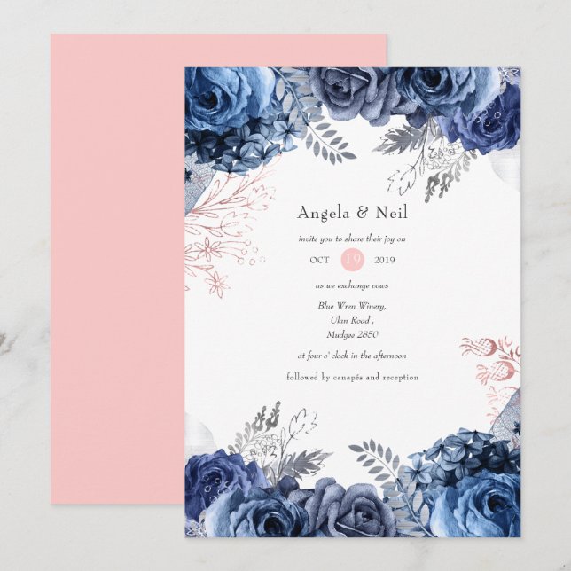 Invitation Mariage naval et rose avec fleurs en feuille d'arg (Devant / Derrière)