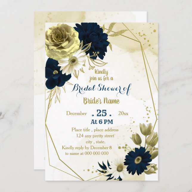 Invitation Mariage naval ivoire floral géométrique or (Devant / Derrière)