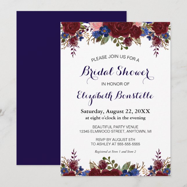 Invitation Mariage naval Marsala Floral Shower (Devant / Derrière)