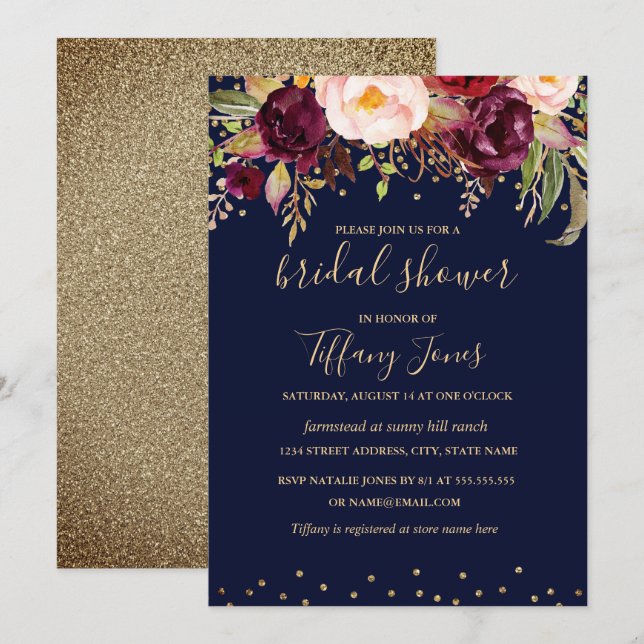 Invitation Mariage naval or burgundy Fleurs Confettis (Devant / Derrière)