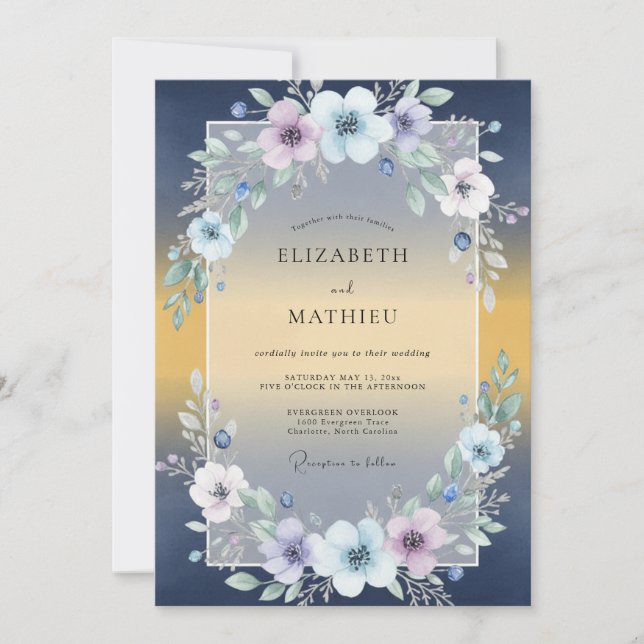 Invitation Mariage Navy aux Feuilles Dorées (Devant)