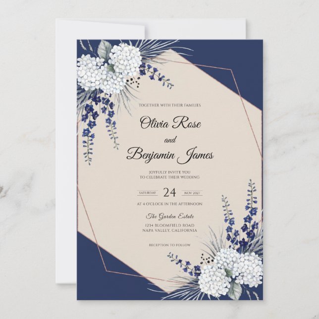 Invitation Mariage Navy Blanc Hydrangea Eucalyptus (Devant)