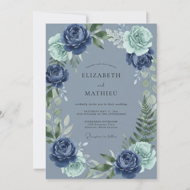 Invitation Mariage Navy Bloom Flourish (Devant)