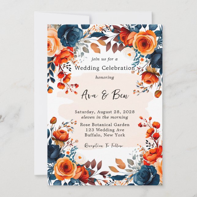 Invitation Mariage Navy Blue and Orange Peony (Devant)