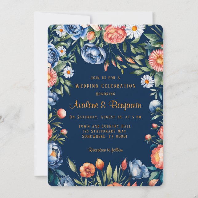 Invitation Mariage Navy Blue and Orange Peony (Devant)