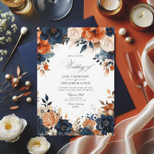 Invitation Mariage Navy Blue, Burnt Orange et Champagne