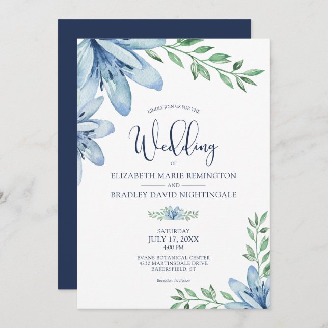 Invitation Mariage Navy Blue & Dusty Blue Blooms (Devant / Derrière)