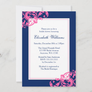 Invitation Mariage Navy Blue et Rose Fleurs Tourbillonnantes