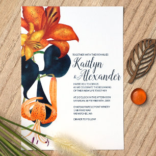 Invitation Mariage Navy Blue, Gold, Lys de tigre orange