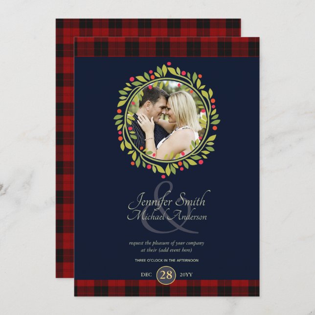 Invitation Mariage Navy Blue Noël PHOTO Plaid Buffalo (Devant / Derrière)