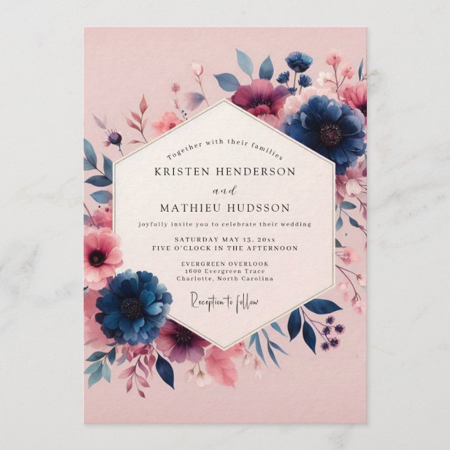 Invitation Mariage Navy Blush Moody Bloom (Devant)