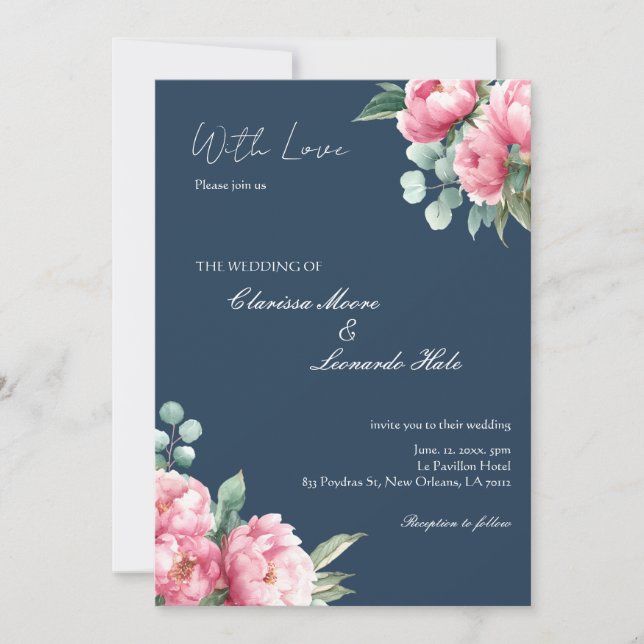 Invitation Mariage Navy Blush Pivoine Eucalyptus (Devant)