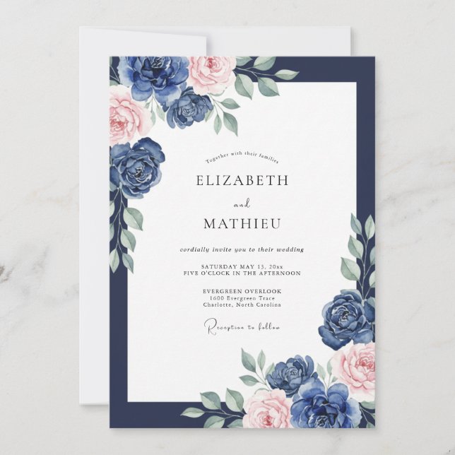 Invitation Mariage Navy Blush Ranunculus Eucalyptus (Devant)