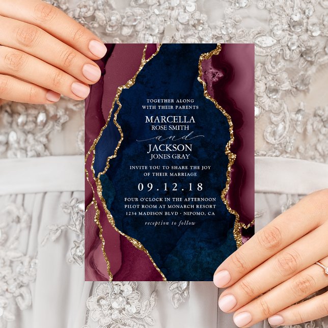 Invitation Mariage Navy, Bourgogne & Agate Doré (Créateur téléchargé)