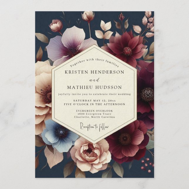 Invitation Mariage Navy Bourgogne Fleur Moody (Devant)