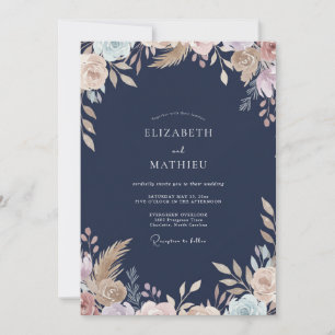 Invitation Mariage Navy Champagne Pampas Eucalyptus