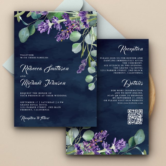 Invitation Mariage Navy Code QR Eucalyptus Lavande Rustique (Créateur téléchargé)