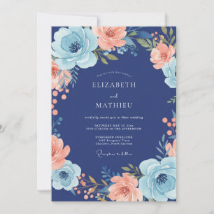Invitation Mariage Navy Coral Bloom