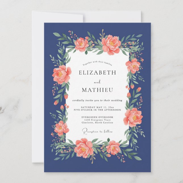 Invitation Mariage Navy Coral Blossom (Devant)