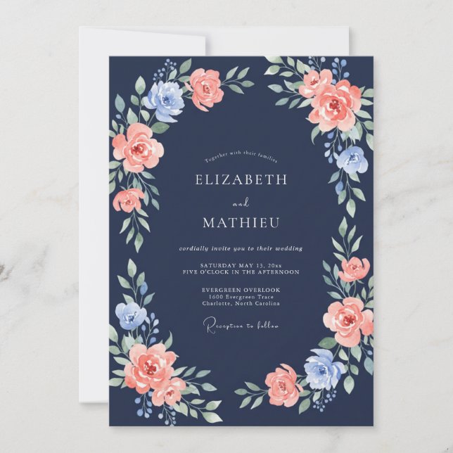 Invitation Mariage Navy Coral Feuillu (Devant)