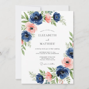 Invitation Mariage Navy Coral Floral Bliss