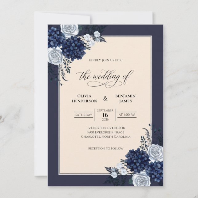 Invitation Mariage Navy Cream Hydrangea Eucalyptus (Devant)