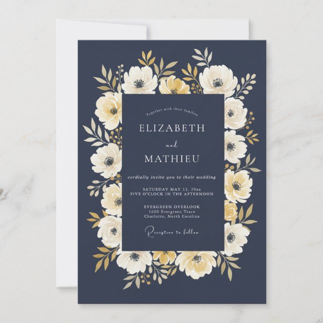 Invitation Mariage Navy Crème Floral Arch Flourish (Devant)