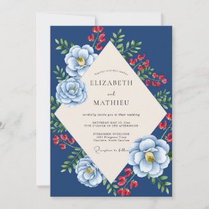 Invitation Mariage Navy Crimson Blossom