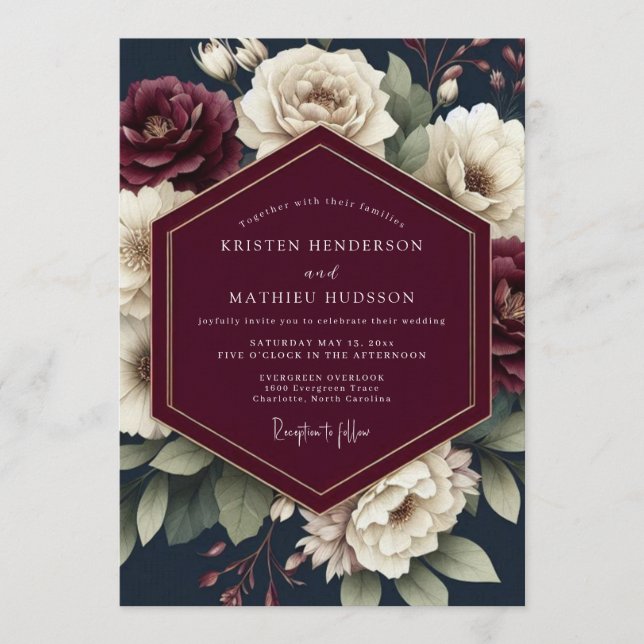 Invitation Mariage Navy & Crimson Moody Bloom (Devant)