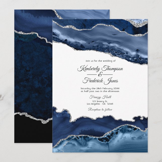 Invitation Mariage Navy et Agate Argentée (Devant / Derrière)