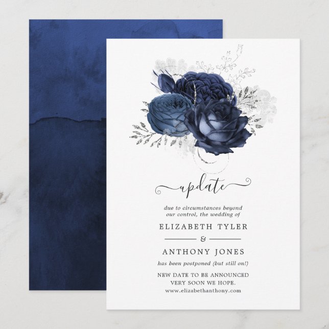 Invitation Mariage Navy et Faux Glitter Silver Floral Mise à  (Devant / Derrière)