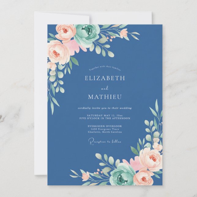 Invitation Mariage Navy Ethereal Bloom Flourish (Devant)