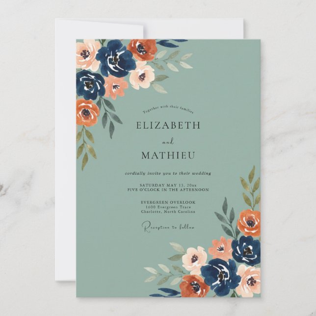 Invitation Mariage Navy Feuille Brûlée Orange (Devant)