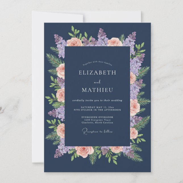 Invitation Mariage Navy Fleur de Laurier (Devant)
