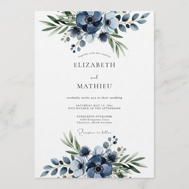 Invitation Mariage Navy Floral Flourish (Devant)